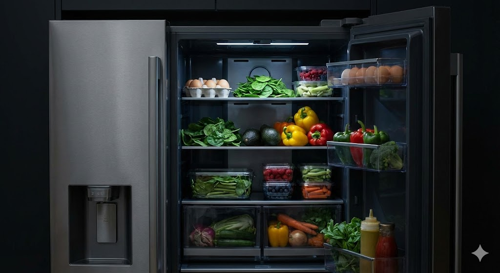 Open fridge with ingredients